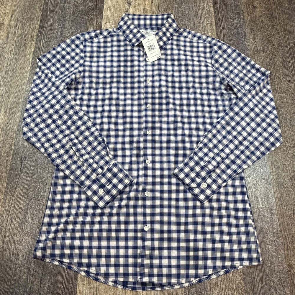 Mizzen+Main Dress Shirt Mens Large Trim Navy Gingham Lightweight Leeward NWT